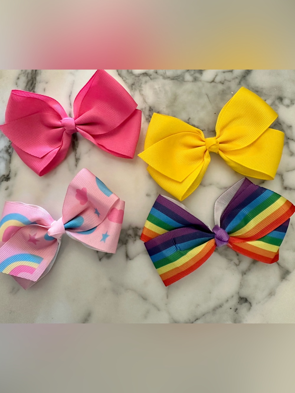 Hair Bow Pack Pink, Yellow, Rainbow & Pastel Rainbow Approx 5 inches across